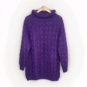 Vtg EXPRESS Sweater Womens‎ Purple Hand Knit Mohair Blend Turtleneck Cable 90s